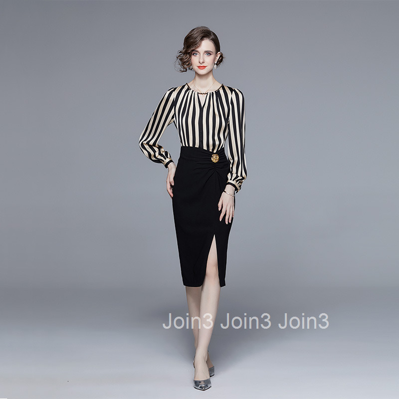 2025 Spring New Elegant Striped Fake Two-Piece Patchwork Long Sleeve Slim Fit Bodycon Dress