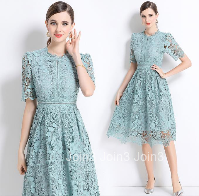 715 Short Sleeve Slimming Hollow Out Water-Soluble Lace Positioning Mid-Length Dress