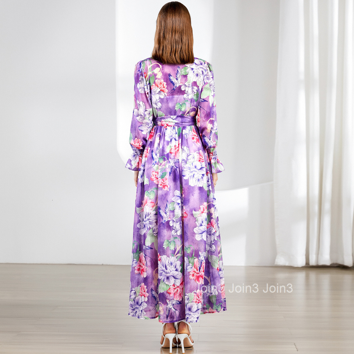 6854 Spring and Autumn New Womens Clothing Pastoral Style Printed Flared Long Dress with Turn-Down Collar and Bell Sleeves