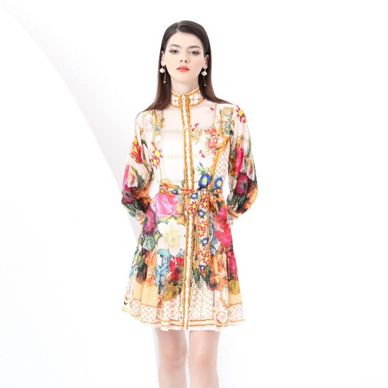 6076 Early Spring Deep Stand Collar Lantern Sleeve Wave Hem Wide Hem Painted Print Long Dress Two-Piece Set