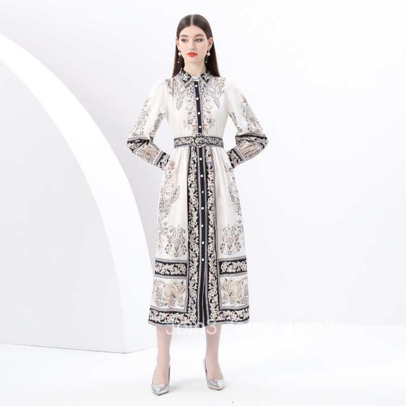 6145 Early Spring New Womens Clothing Style Elegance Style Flip Collar Lantern Sleeve Printed Long Dress
