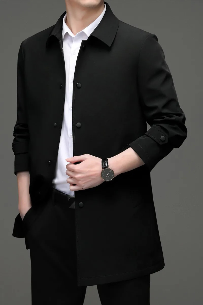 High quality Solid Trench Coats Mens Business Casual Fashion Wild Trench Turn-Down Collar Slim Trench Coat Male 250716