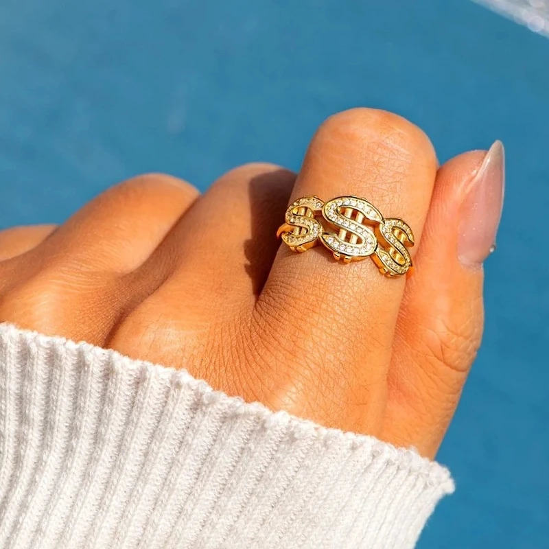 Huitan Fashionable USD Dollar Sign Ring for Women Gold Color Shiny CZ Hip Hop Finger Jewelry Daily Party Accessories 250717