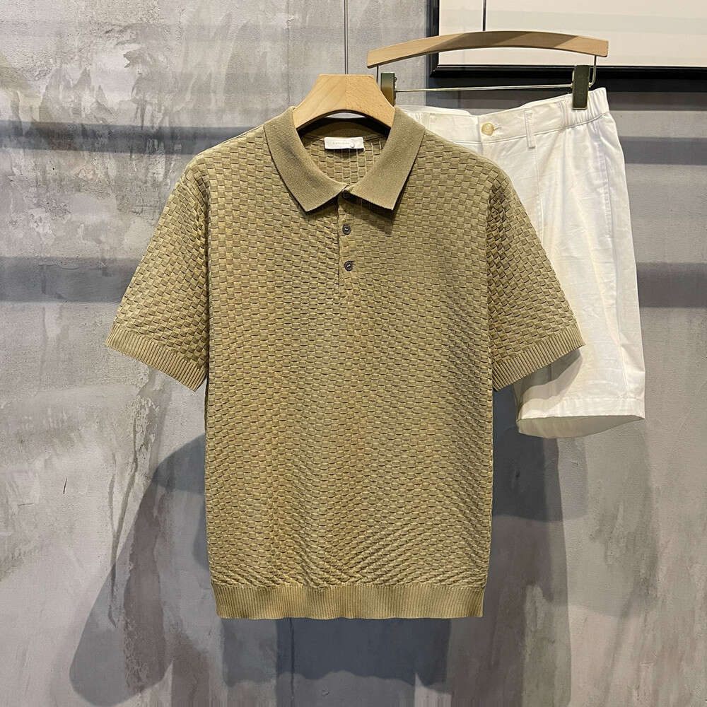 Spring Summer New Solid Color Waffle Collar Loose Polo Short Sleeve Men's Breathable Casual Versatile Knit Shirt Trend