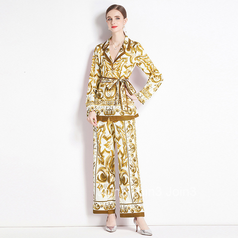 6067 Fashion Suit Set with Printed Shirt and High-Waisted Straight-Leg Wide-Leg Pants