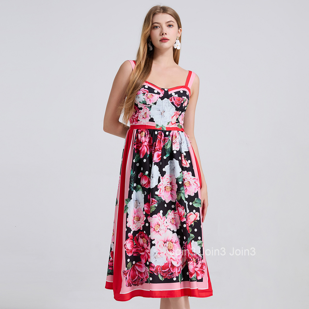 810 Flower Dot Positioning Print Three-Dimensional Strapless Camisole Dress Back Elastic High Waist Dress