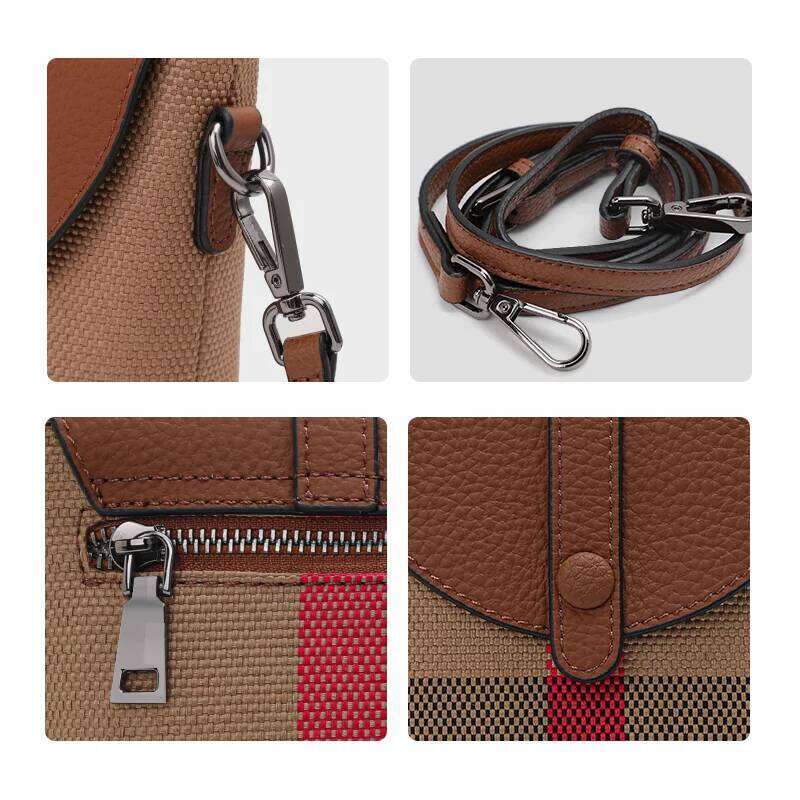 Aidrani Fashionable women's mini plaid single shoulder crossbody bag, canvas patchwork cowhide portable small bag