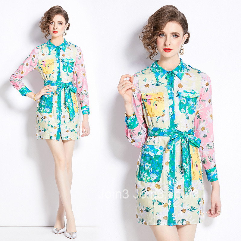 2472 Spring Summer New Womens Fashion Color Block Print Long Sleeve Waist-Cinching Turn-Down Collar Short Dress