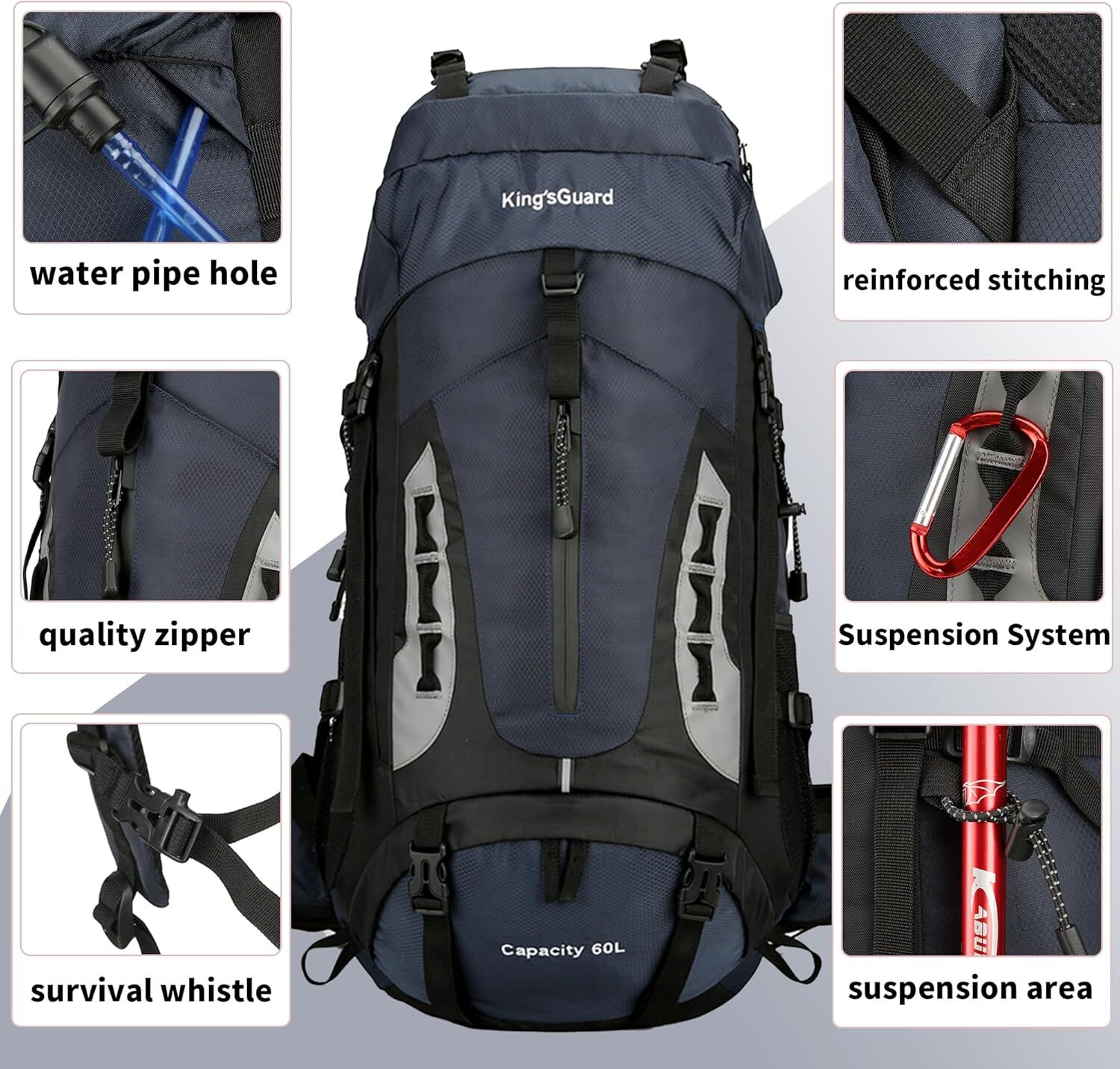 YMX 615 619 King'sGuard 60L Hiking Men Women Camping Backpack Waterproof Backpacking Mountaineering Climbing Daypack (Navy)