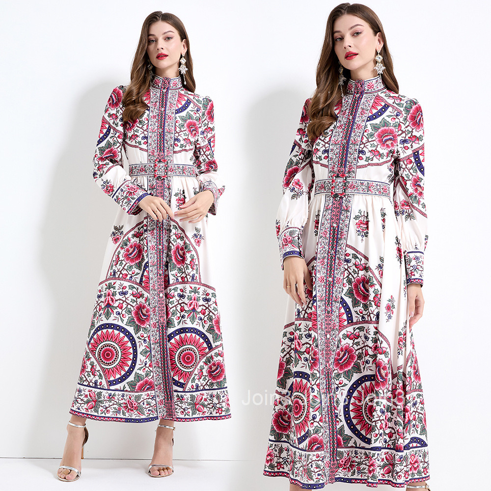 2158 Sensation Stand up Collar Lantern Sleeve Positioned Printed Long Sleeve Waist Ruffle Edge Skirt