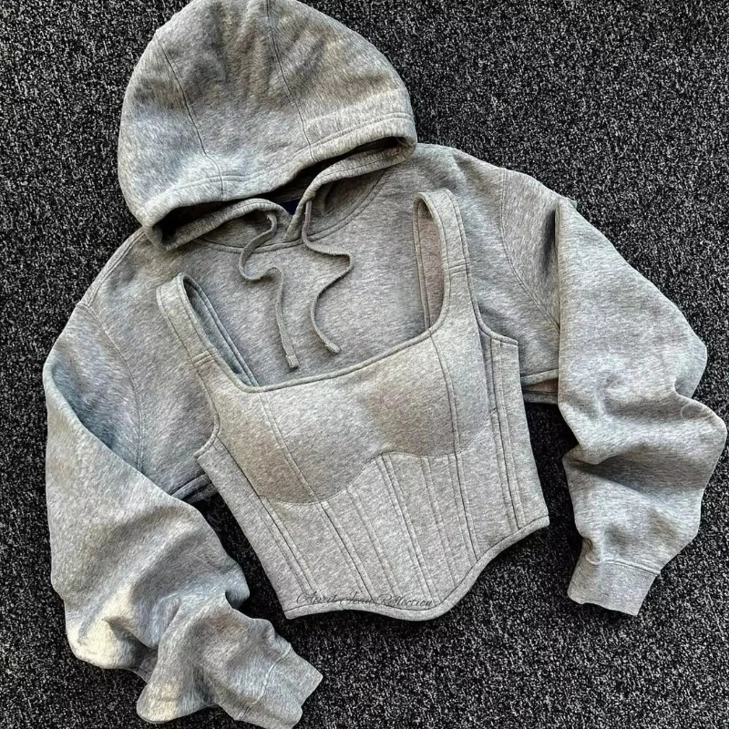 Y2K Corset and Hoodies Pants Sets Sexy Strap Crop Tops Patchwork Fishbone Bandage Corsets Casual Jogger Elastic Waist Pants Suit 250714