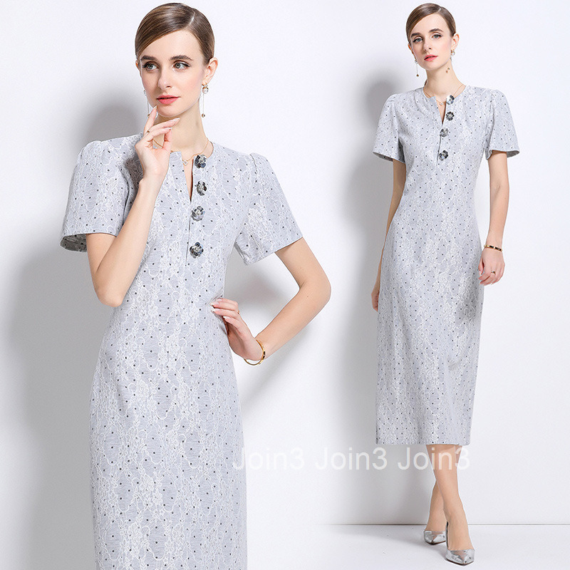 8819 Style Collar Dress Heavy Lace Composite Waist Slimming Bodycon Long Dress