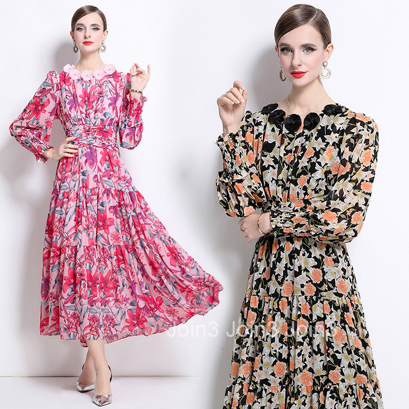 8800 New Fashionable Floral Dress Long Sleeve Flared Mid-Length Dress
