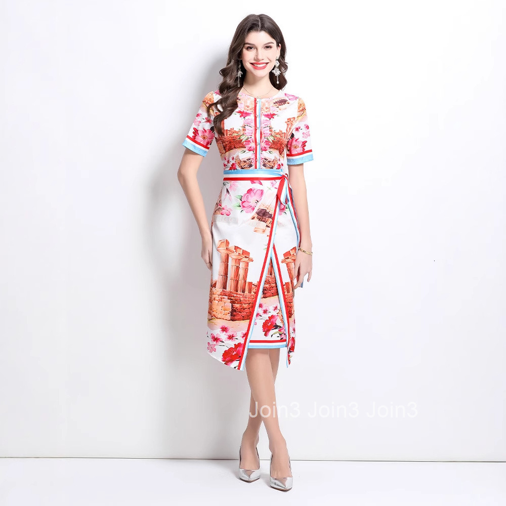 2614 Spring/Summer New Womens Vacation Style Painted Oil Painting Style Short Sleeve Slimming Middle Skirt Dress