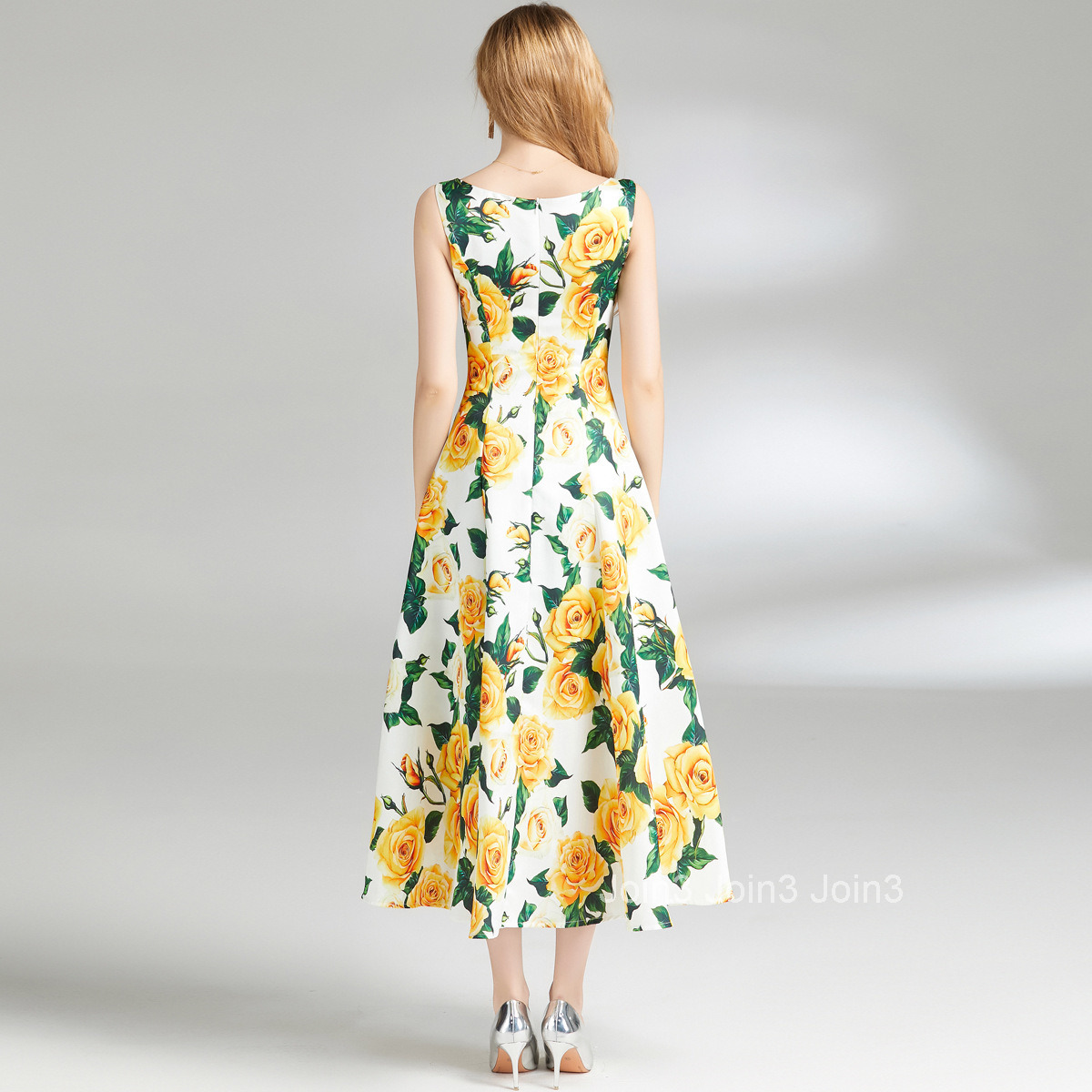 6832 Summer New Womens Fashion Elegant Printed V-neck Waist-cinching Slimming Sleeveless A-line Dress Flared Long Dress