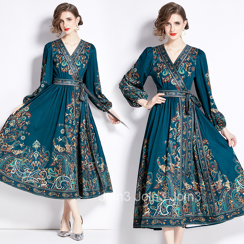 2372 Early Spring New Womens V-neck Ethnic Style Long Sleeve Printed Tie Large Hem Long Dress