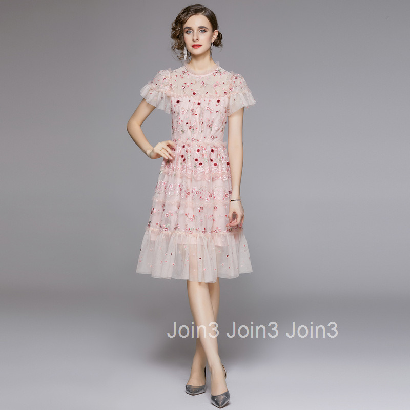 971 Summer Womens Round Neck Ruffle Short Sleeve Mesh Embroidery Waist Cinching Flared Mid-Length Printed Dress
