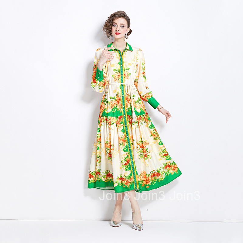 1211 Spring and Autumn New Cotton Linen Turn-Down Collar Lantern Sleeve Printed Long Dress