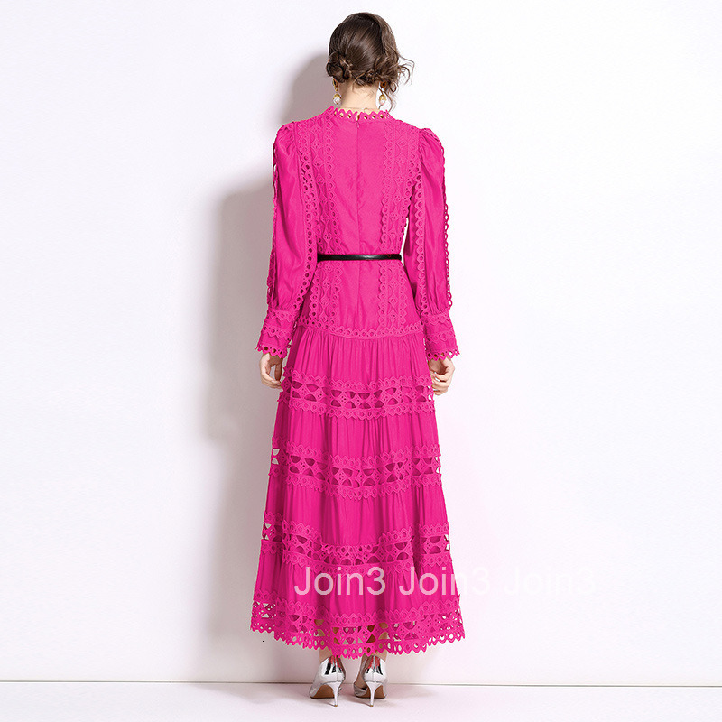 1008 Autumn New Womens Fashion Elegant Dress Round Neck Lantern Sleeve Long Dress Lace Hollow Out Dress