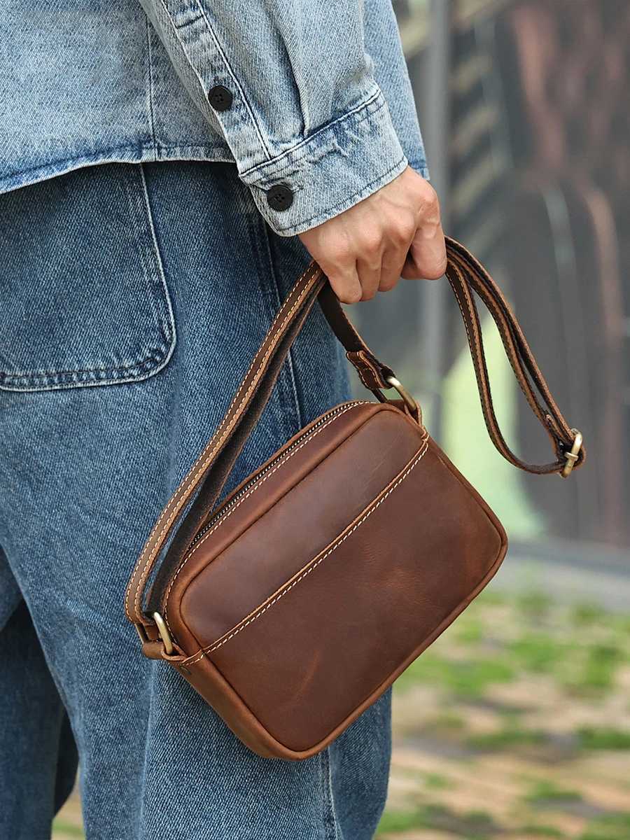 Crazy Horse Leather Messenger Bag Mens Leather Shoulder Bag For Mobile Phone Sling Bags For Men Woman Cross Body Bag Y250719