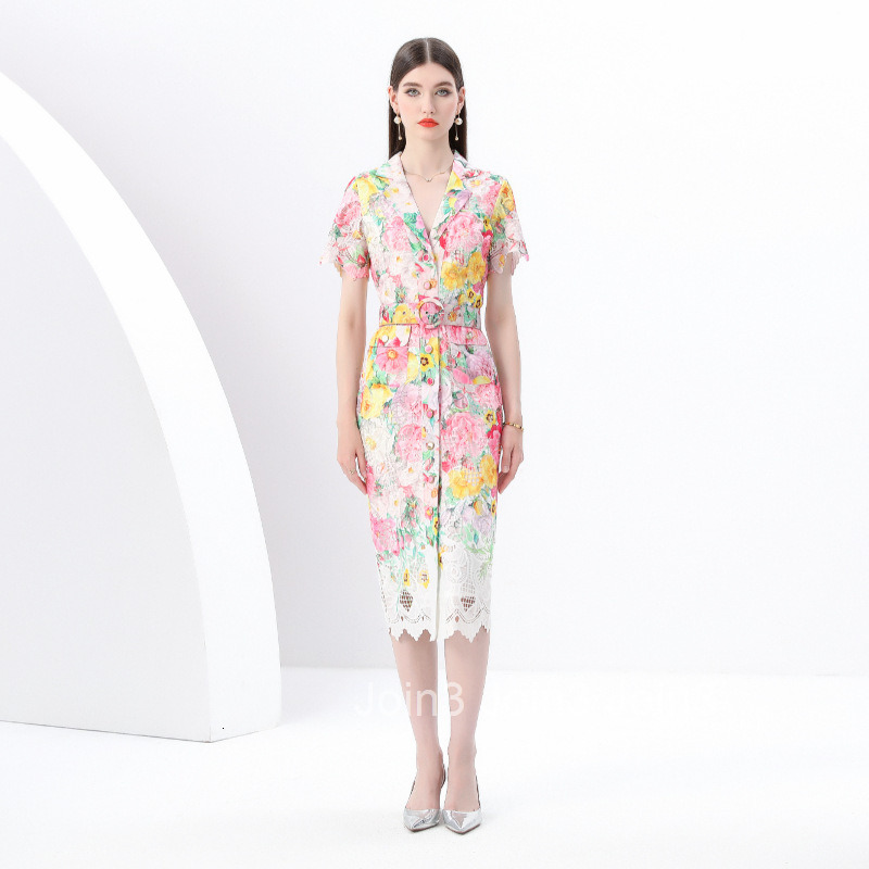 6193 Early Spring New Womens Suit Collar Short Sleeve Slim Lace Print Mid-Length Dress