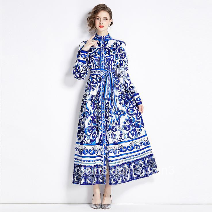 8740 Spring and Autumn New Womens Fashion Style Stand up Collar Single breasted Blue and White Porcelain Printed Long Dress