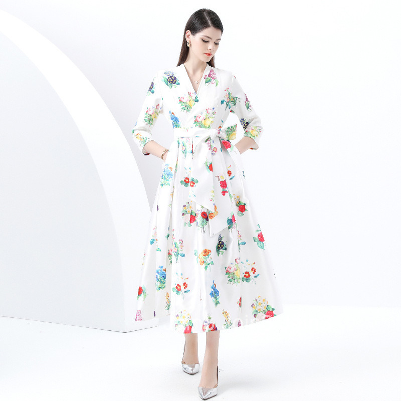 6065 Spring and Autumn New Womens Vacation Wrap Tie V-neck Three-quarter Sleeve Printed Long Dress