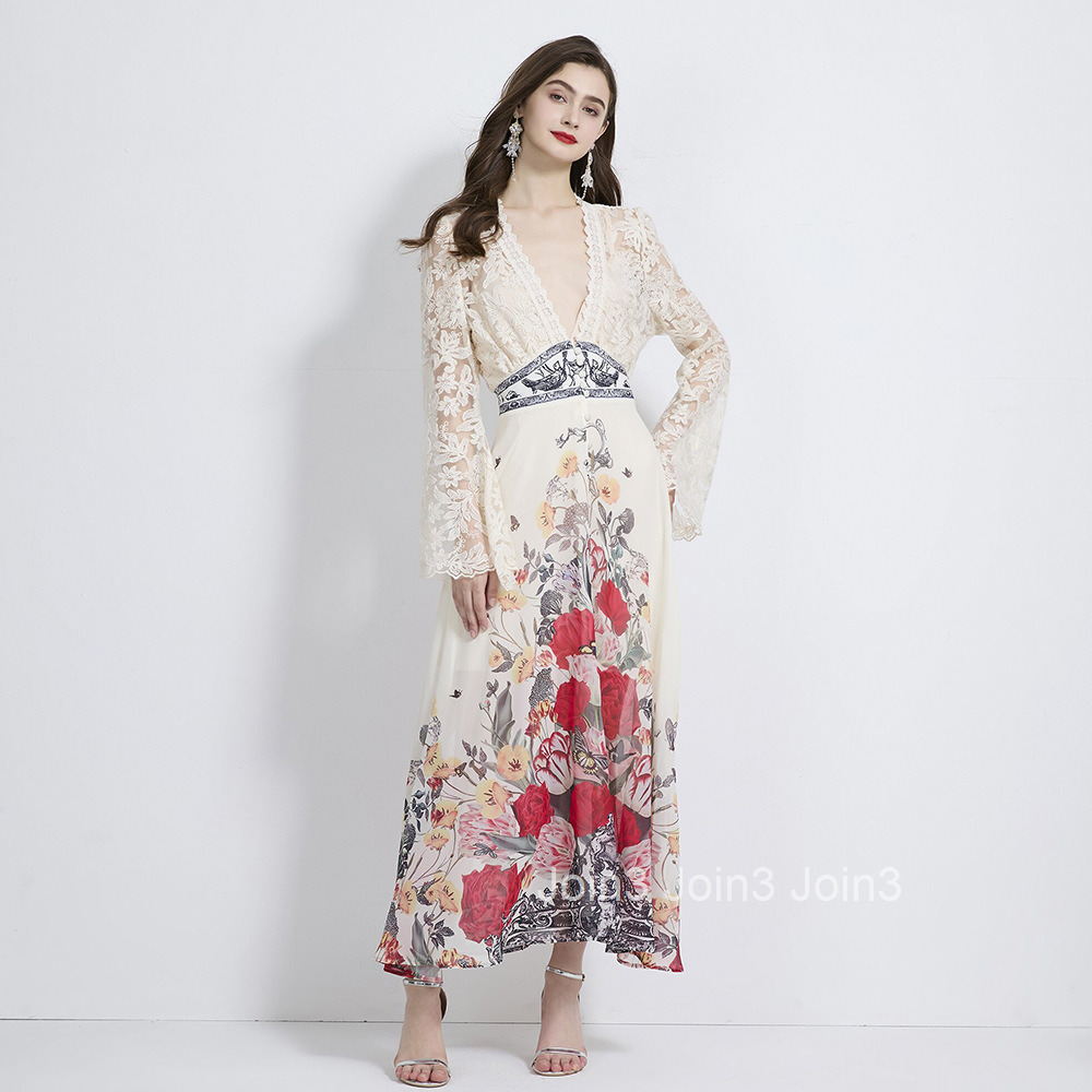 2115 Autumn New Womens Vacation Style V-Neck Flared Sleeve Lace Patchwork Printed Dress Two-Piece Set