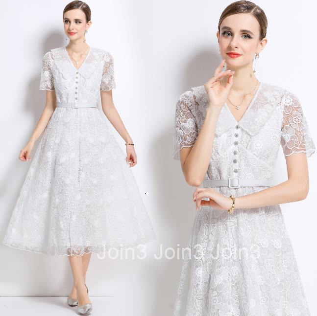 1501 Summer New Elegant Water-Soluble Lace Dress Short Sleeve Doll Collar Tie Waist Long Dress