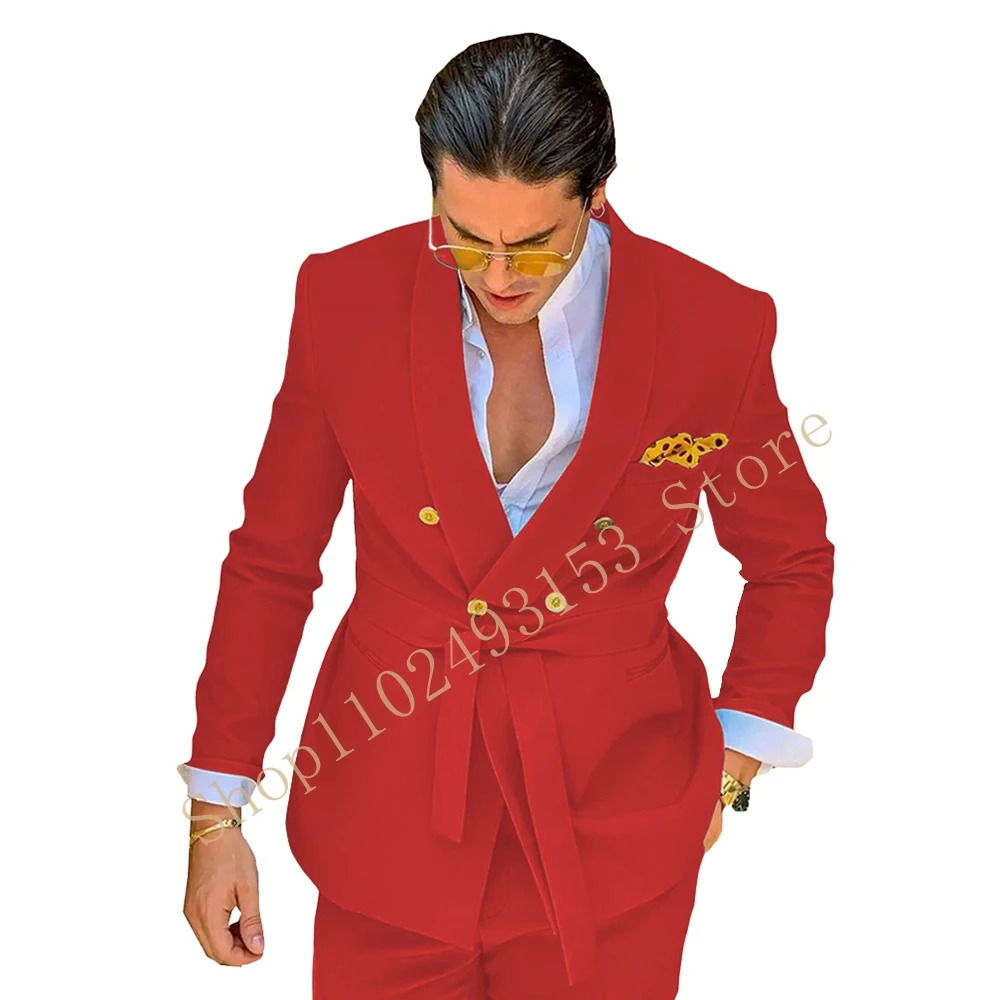 Green Male Suits for Wedding With Belt 2 Pieces Double Breasted Formal Groom Travel Wear JacketPants Costume Homme 250717
