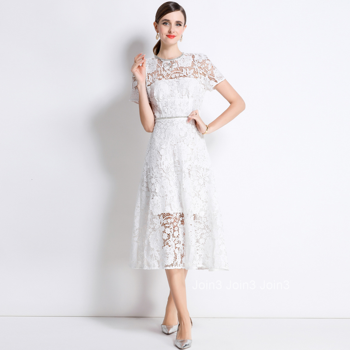 9631 Elegant Mesh Embroidered Dress Mid-Length Waist-Cinching Slimming Dress