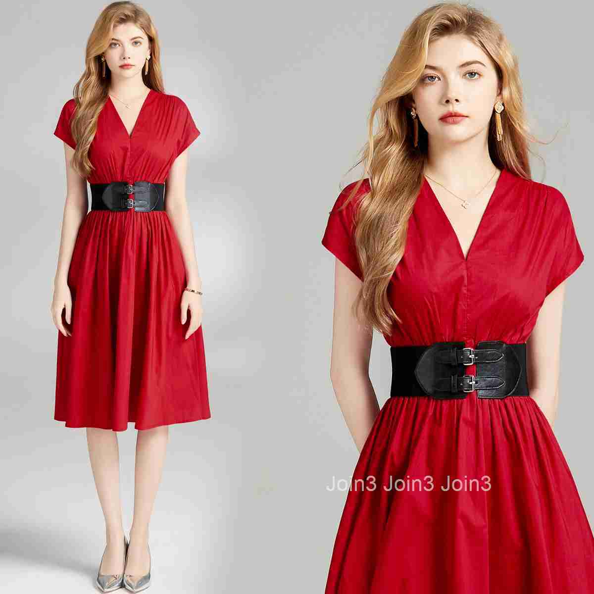 6834 summer new womens fashionable dress with V-neck waist and slim fit mid length skirt (with belt)