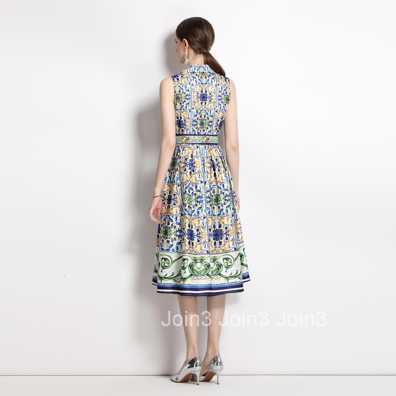 2299 summer new womens printed slimming and waist cinching temperament sleeveless large swing mid length dress