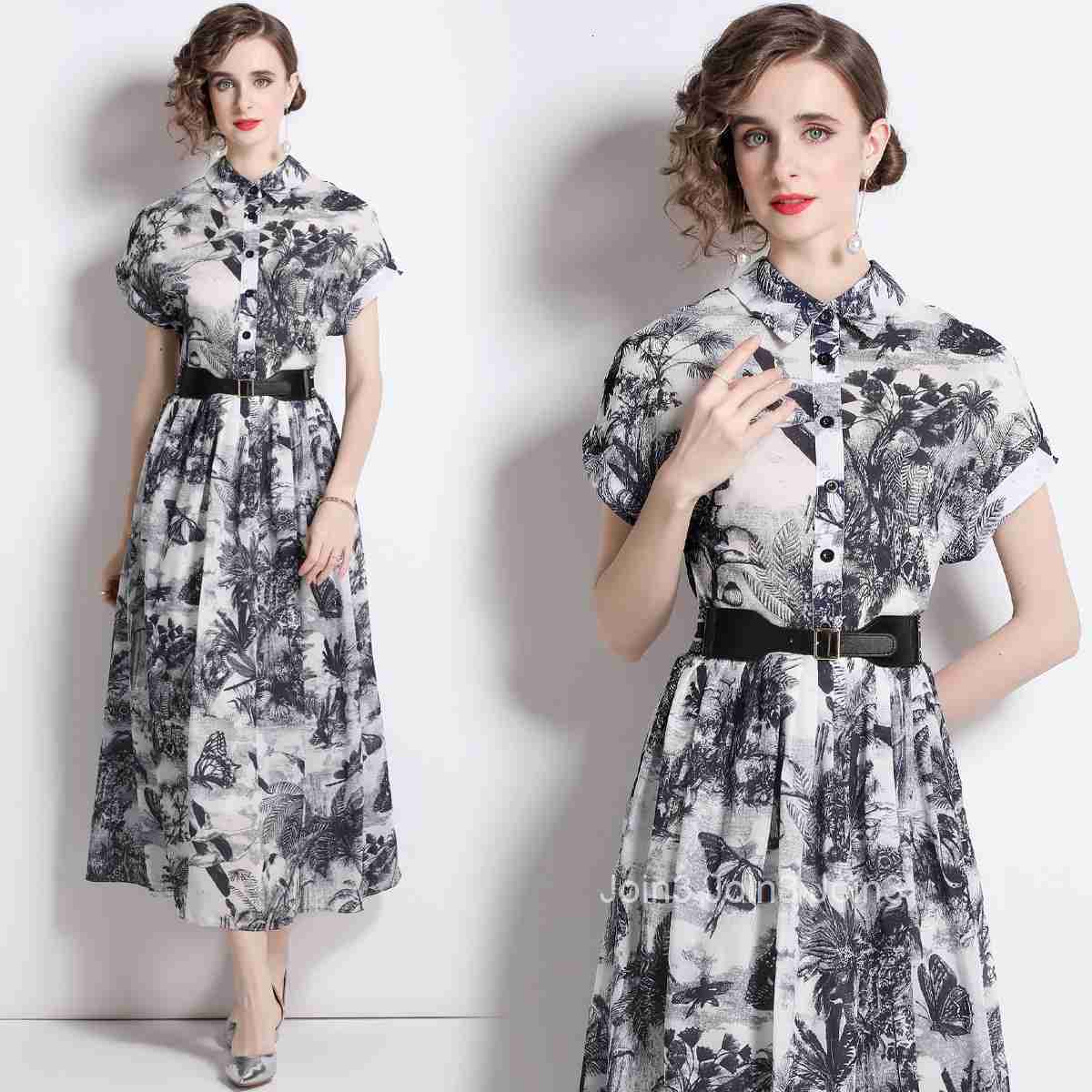 1895 Summer New Womens Printed Collar Short Sleeve Slimming Long Dress (with Belt)