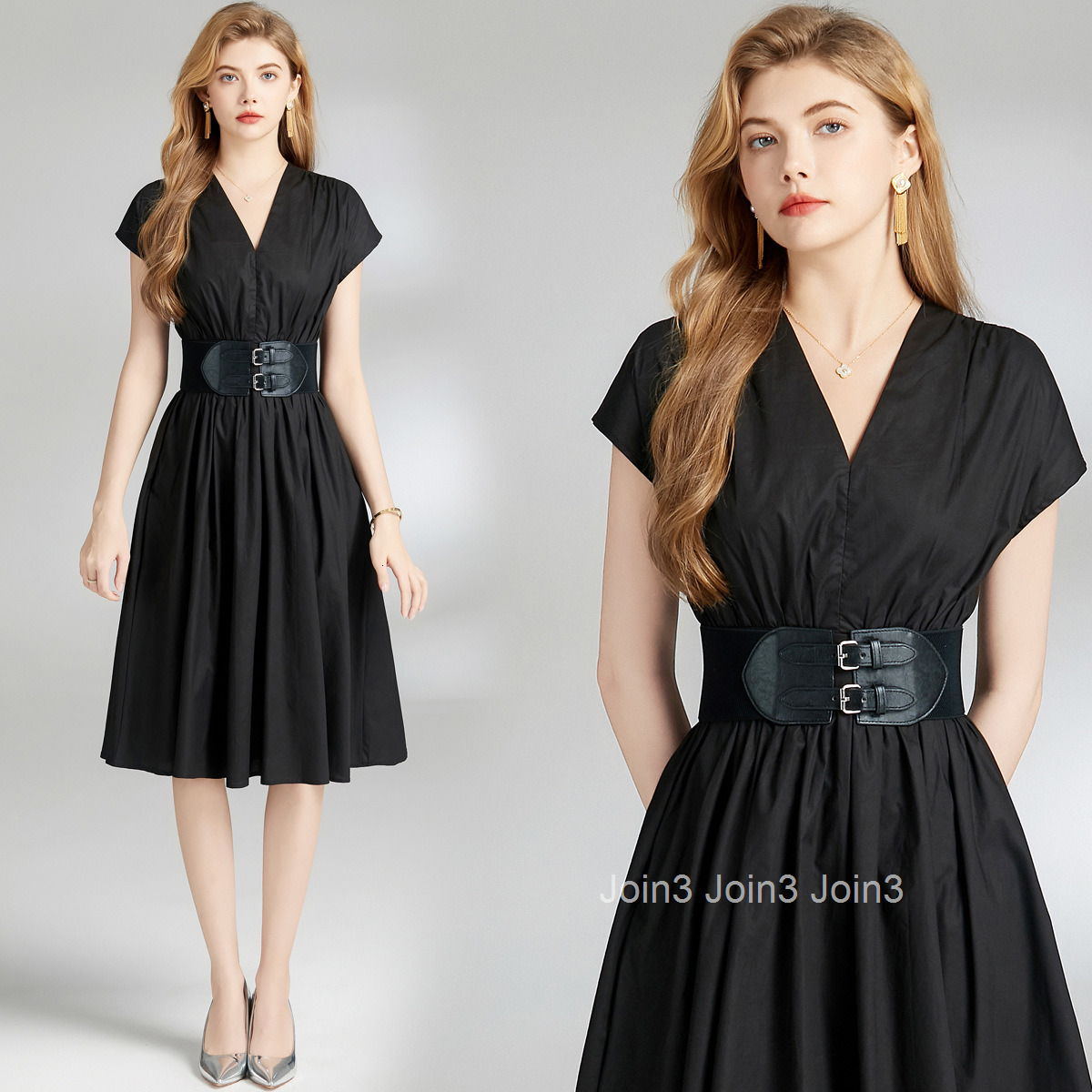 6834 summer new womens fashionable dress with V-neck waist and slim fit mid length skirt (with belt)