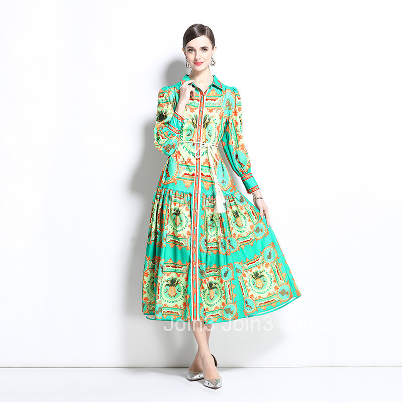 1236 Spring and Autumn New Cotton and Hemp Collar Lantern Sleeve Printed Dress Long Dress