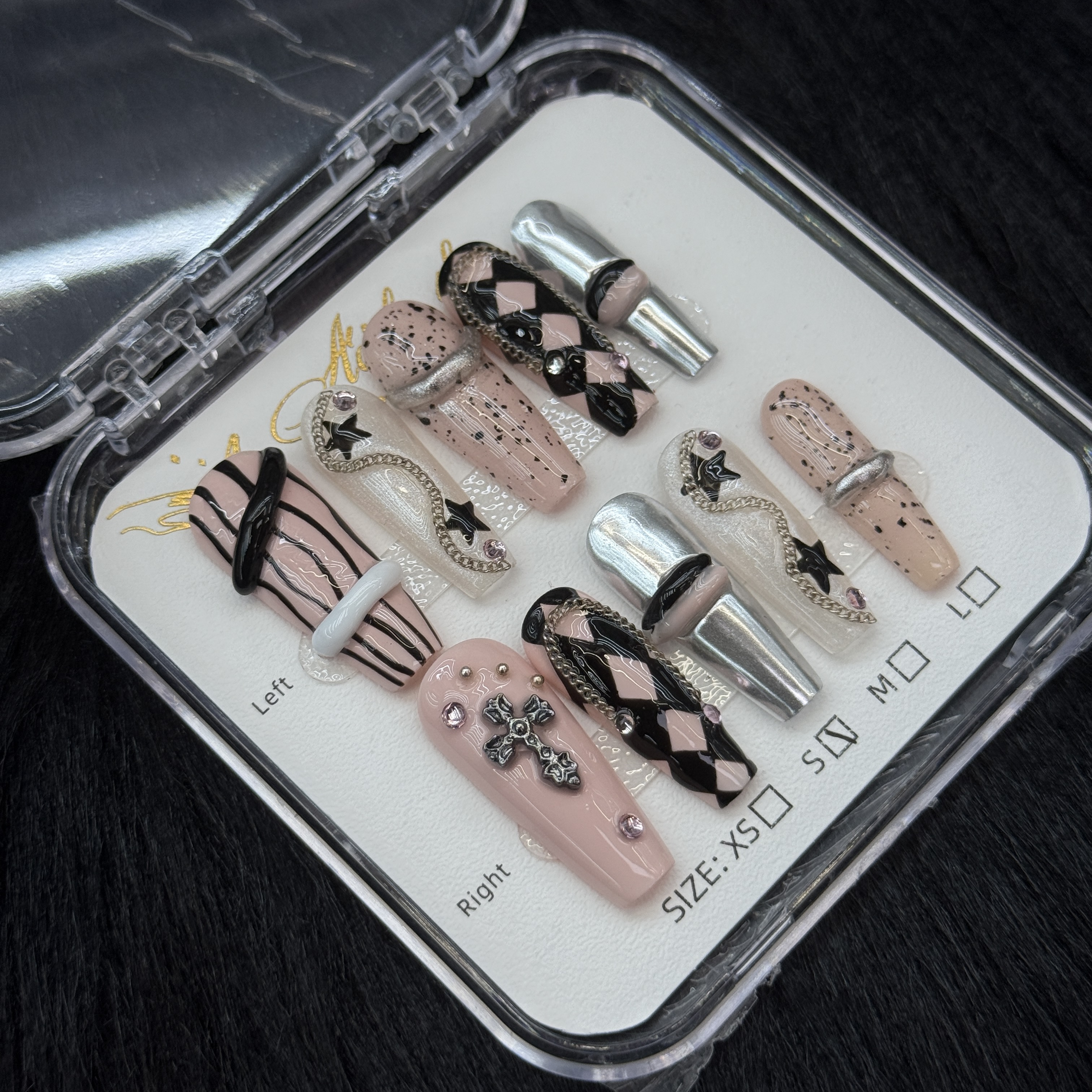 10Pcs Gothic Punk 3D Star Cross Decor Press - on Nails, Pink Black Mixed Stylish Wearable Nails