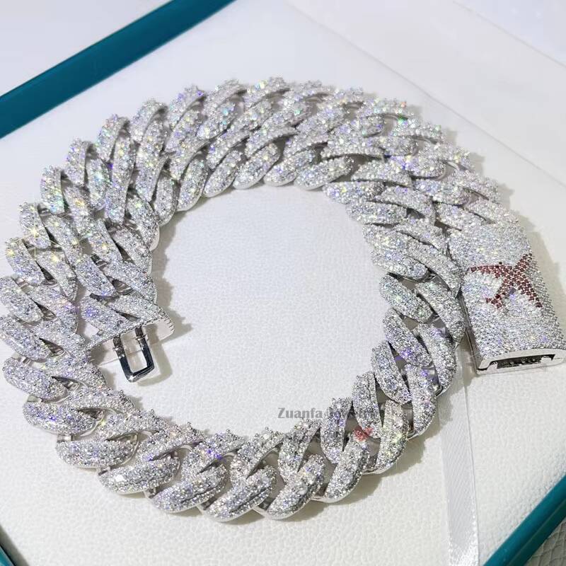 Hip Hop Buss Down Custom Clasp 20MM VVS Moissanite Iced Out Silver Cuban Link Chain