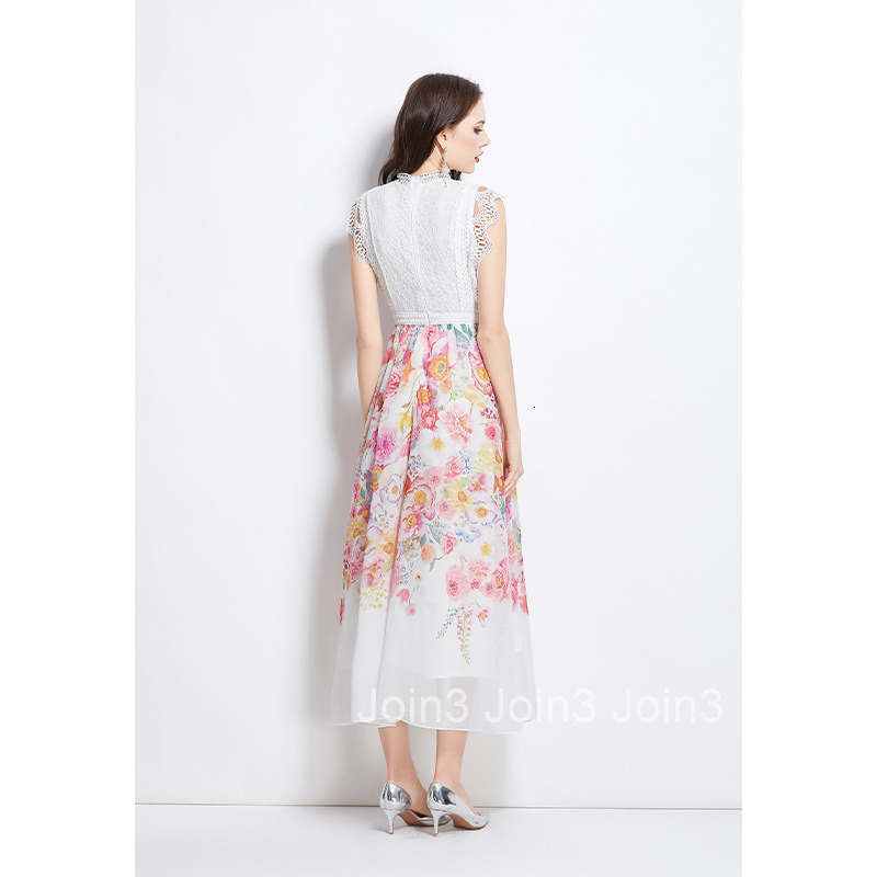 2725 Spring Summer Vacation New Style Painted Oil Painting Style Lace Stitching Long Dress
