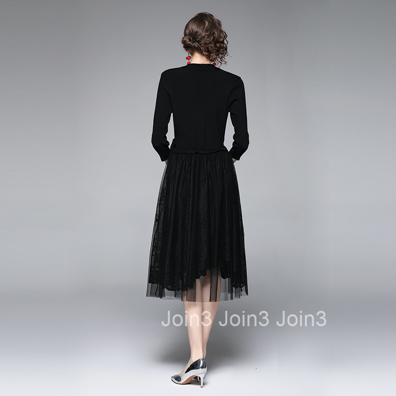 3315 Autumn New Fashionable Lace Embroidery Mesh Patchwork Knitted Fake Two-Piece Dress