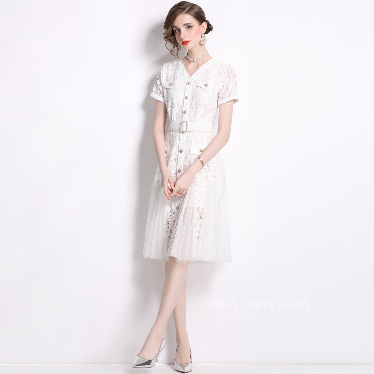 6867 Summer New Womens Fashion Large Hem Dress Lace Patchwork Mesh Waist Cinching Single-Breasted V-Neck Dress