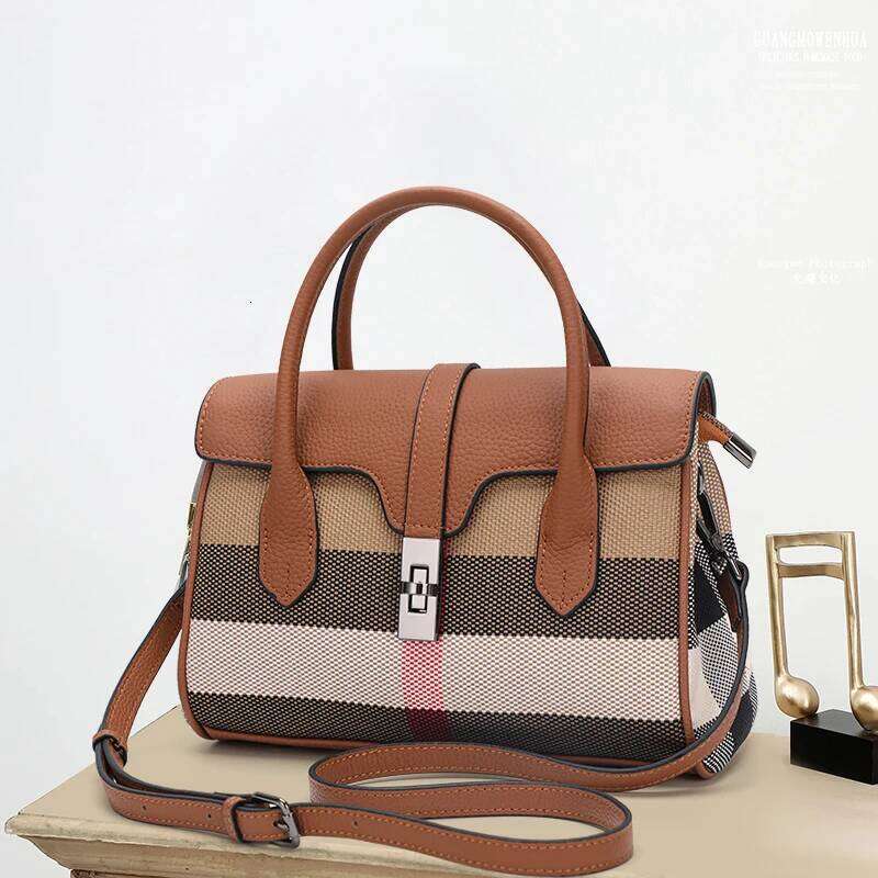 Aidrani Classic plaid women's bag, large capacity handbag, canvas patchwork cowhide shoulder bag