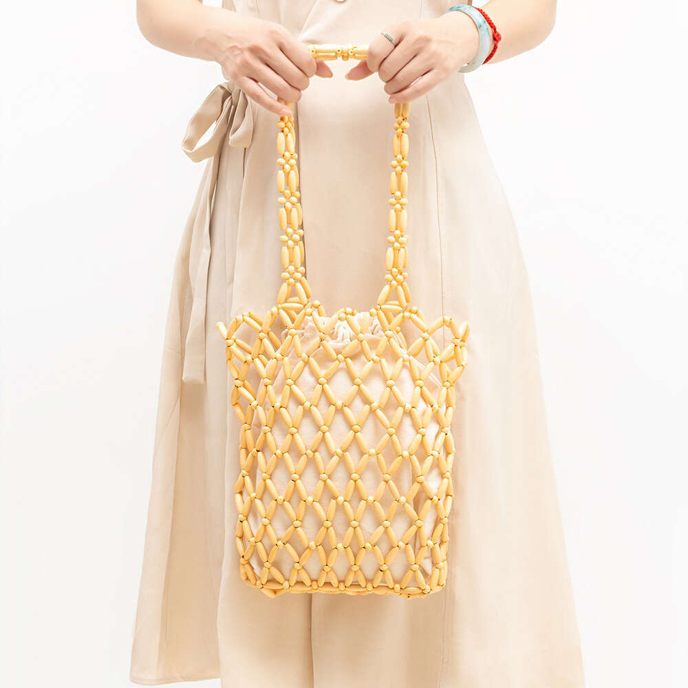 ENSPT Handheld Wooden Bead Handwoven for Women Summer Niche Design Commuter Shoulder Bag