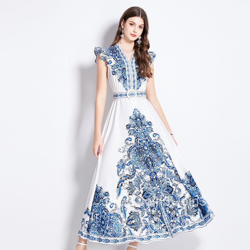 2518 Spring Summer New Womens Ethnic Style Elegant Printed Small Flutter Sleeve Flared Long Dress