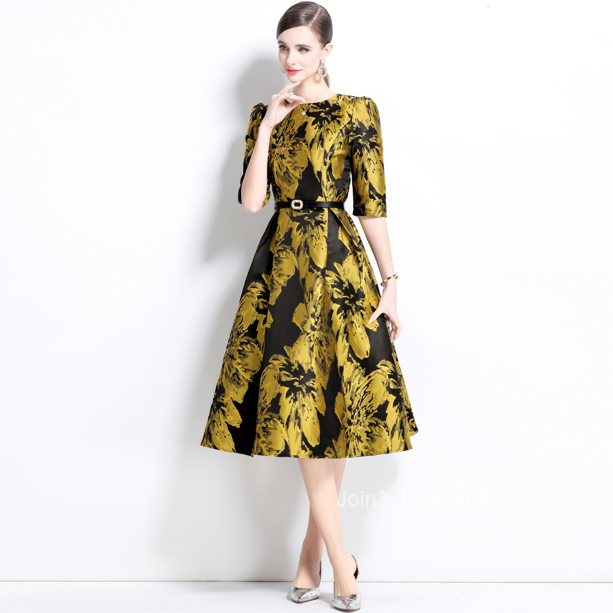 5856 Spring/Summer New Womens Clothing Style Jacquard Round Neck Short Sleeve Slimming and Slimming Medium Length Dress