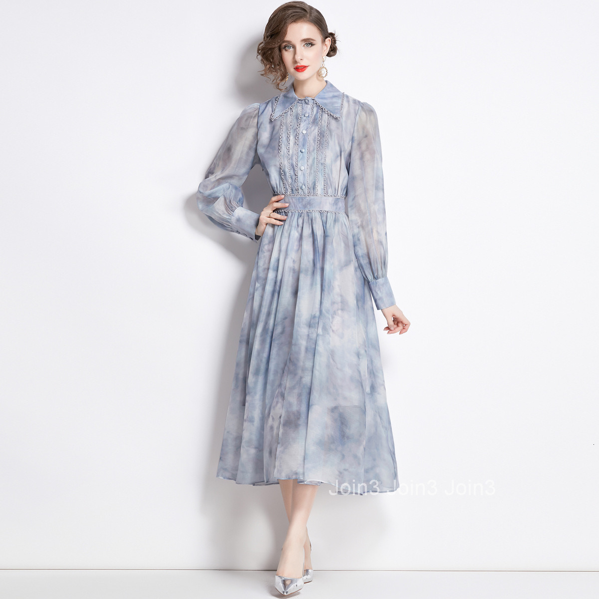 1998 Early Spring New Womens Vacation Style Printed Turn-Down Collar Long Sleeve Elegant Flared Long Dress