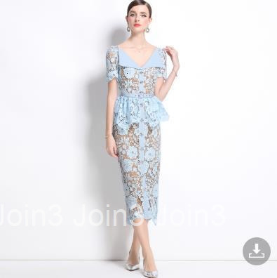 5849 Elegant Large Lapel Short Sleeve Lace Waist Slim Dress with Belt