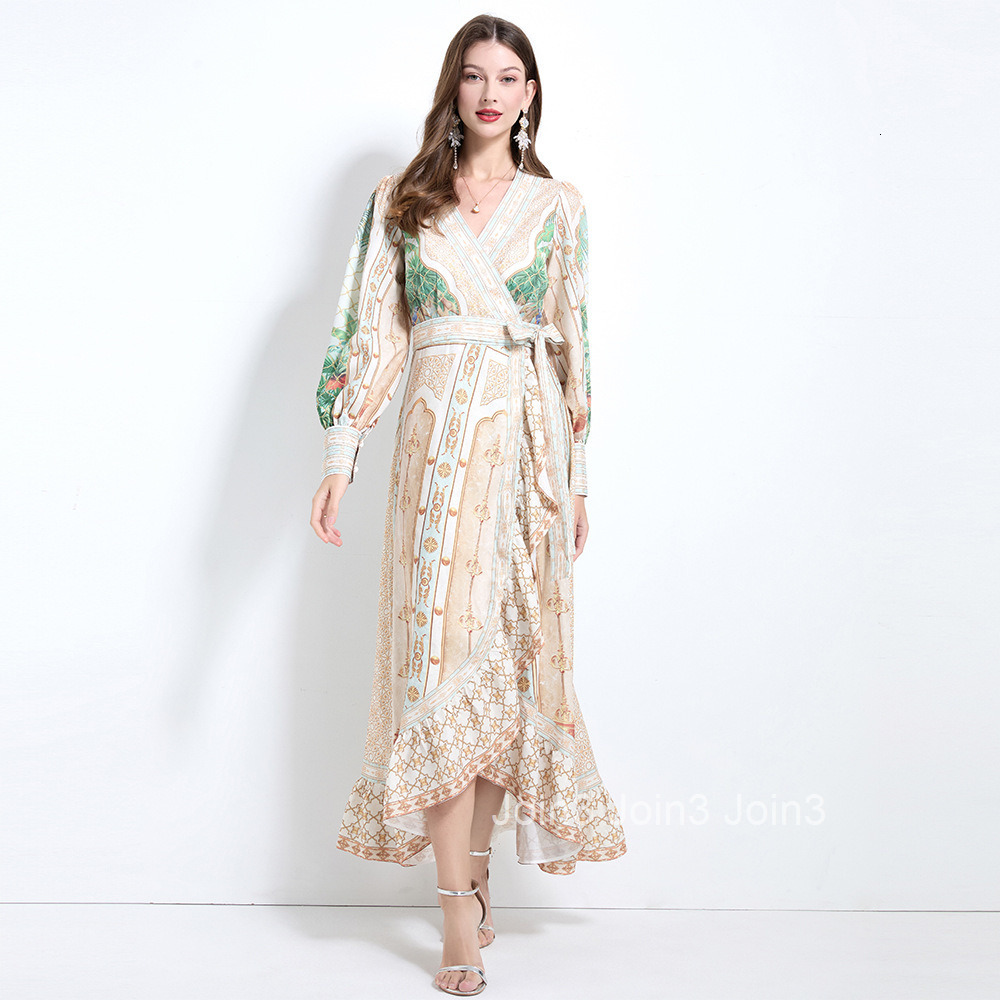 2124 Spring/Summer New Womens Dress with Cross Collar Printed Lace Waist and Ruffle Edge