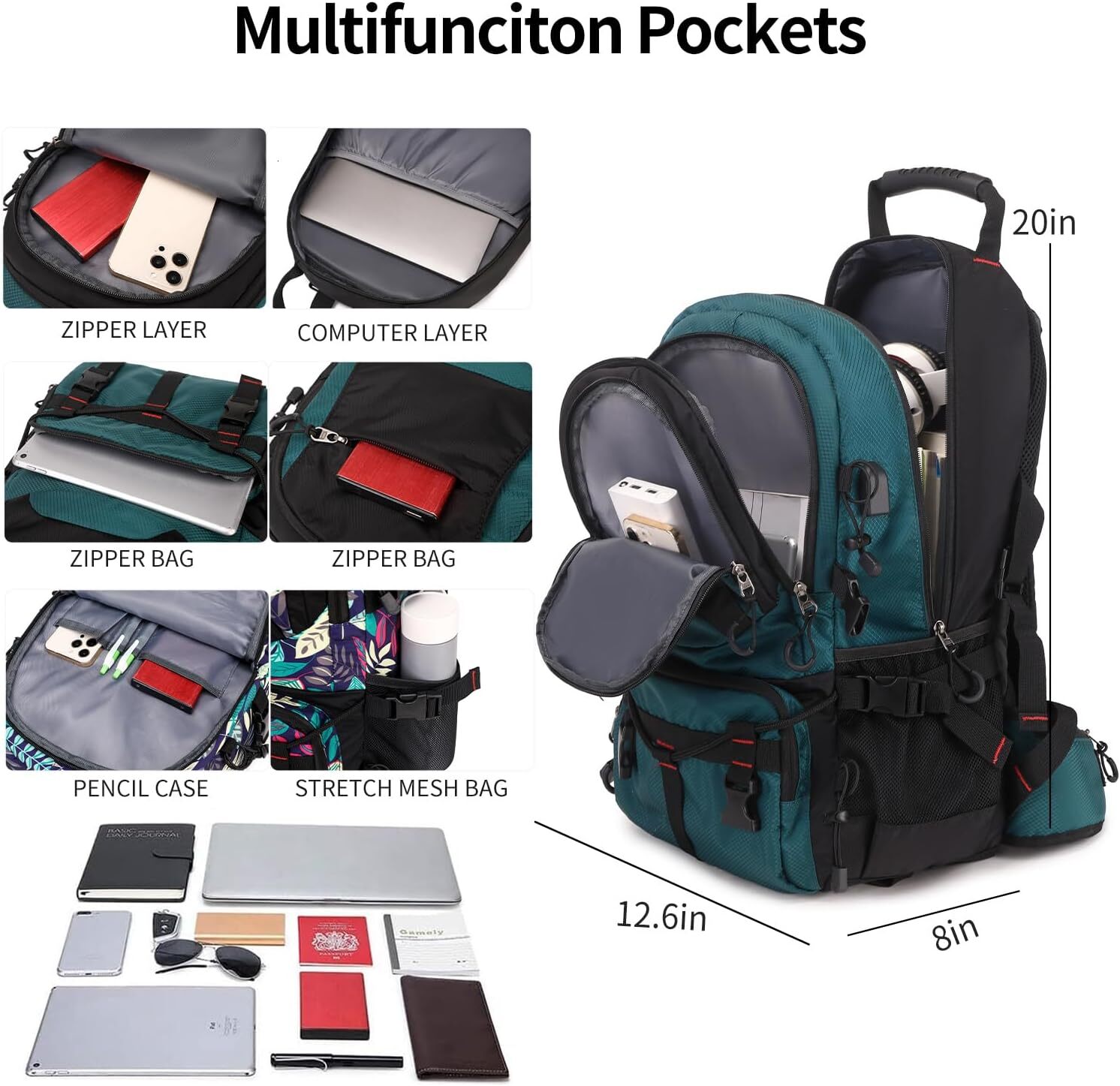 YMX 684 308 Nerlion 40L Travel for Men Women Camping Waterproof Outdoor Hiking Daypack Lightweight Backpack (Dark Green)