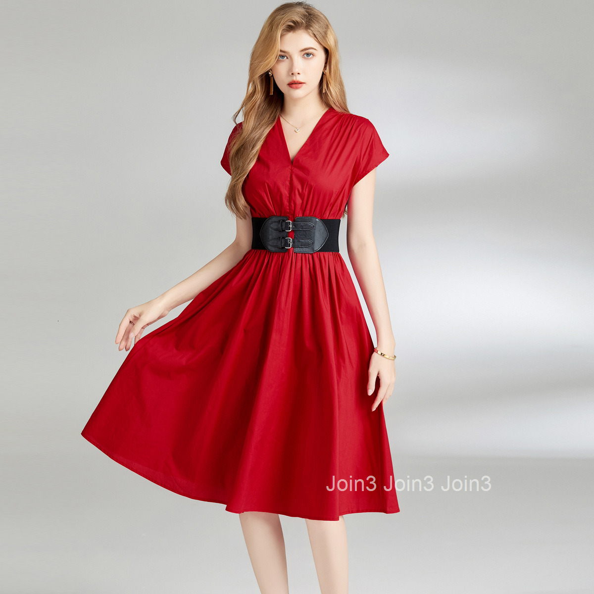 6834 summer new womens fashionable dress with V-neck waist and slim fit mid length skirt (with belt)